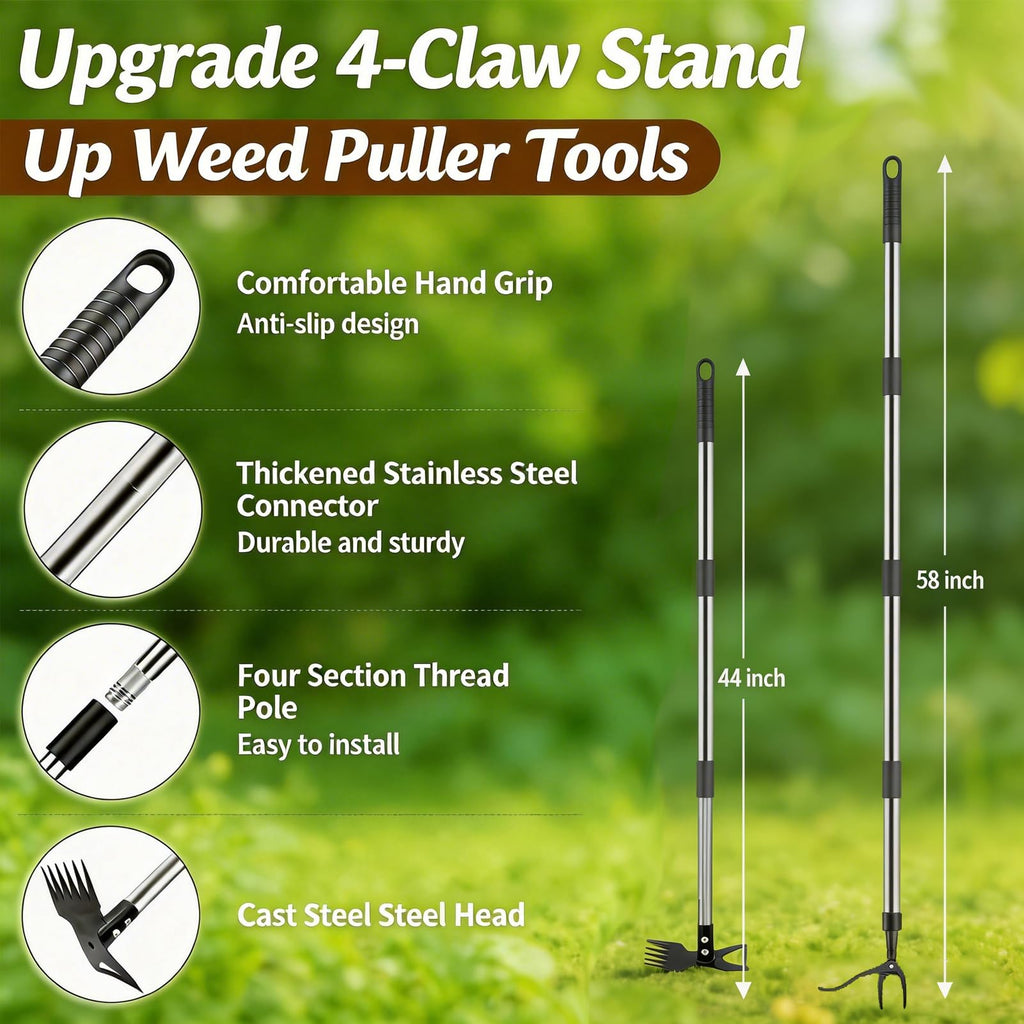 KINFIDTOW 58" Stand Up Weed Puller Tool with Long Handle, 2 in 1 Manual Weeder & Garden Hoe, 4-Claw Steel Head Weed Remover with Gloves for Yard Lawn Patio Garden