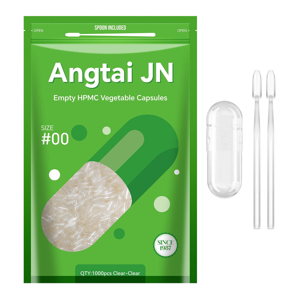Angtai JN Vegan Capsules Size 00 Empty Plant Based Clear (1,000 Count) Gluten Free, Non-GMO, Halal Certified Pill Caps Filling Kit with 2 Spoons for Vegetarian DIY Your Own Supplements