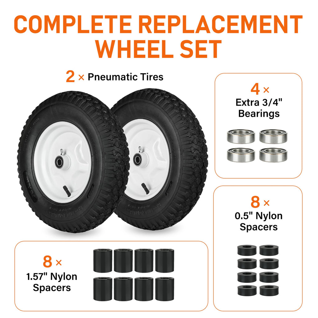 LotFancy 4.80/4.00-8 Tire and Wheel, 2 Pack 16 Inch Pneumatic Wheelbarrow Replacement Wheels, 5/8" Bearings, Adjustable 3" to 7" Centered Hub, for Wheelbarrows, Garden Carts, Yard Wagons