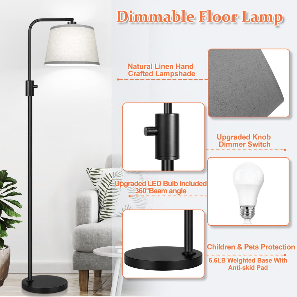 【Upgraded】 Dimmable Floor Lamp, 1000 Lumens LED Edison Bulb Included, Arc Floor Lamps for Living Room Modern Standing Lamp with Gray Shade, Tall Lamps for Living Room Bedroom Office Dining Room