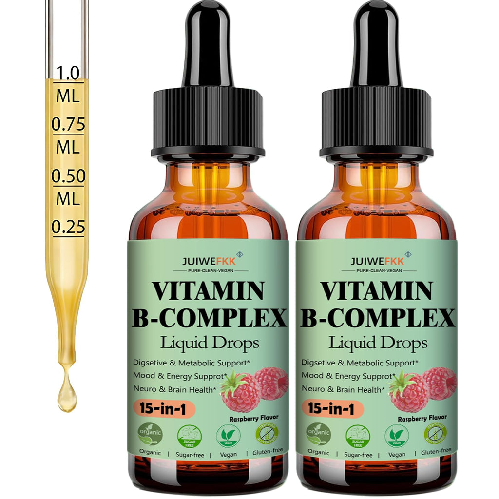 2 Pack Vitamin B Complex Liquid Drops for Women Men & Kids, 15-in-1 VIT B Complex with Vitamin C B12 B6 B1 Niacin Folate Magnesium for Brain Nerve Neuropathy Energy Mood, Sublingual B-Complex Drops