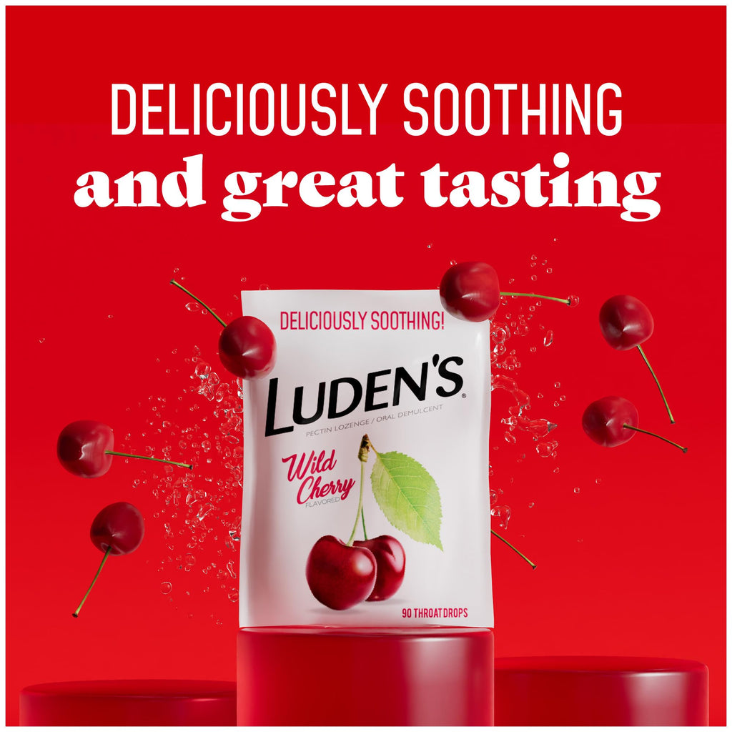 Luden's Sore Throat Relief Lozenges for Minor Everyday Irritation & Dry Mouth, Wild Cherry Flavored Drops, 90 Count, Pack of 2
