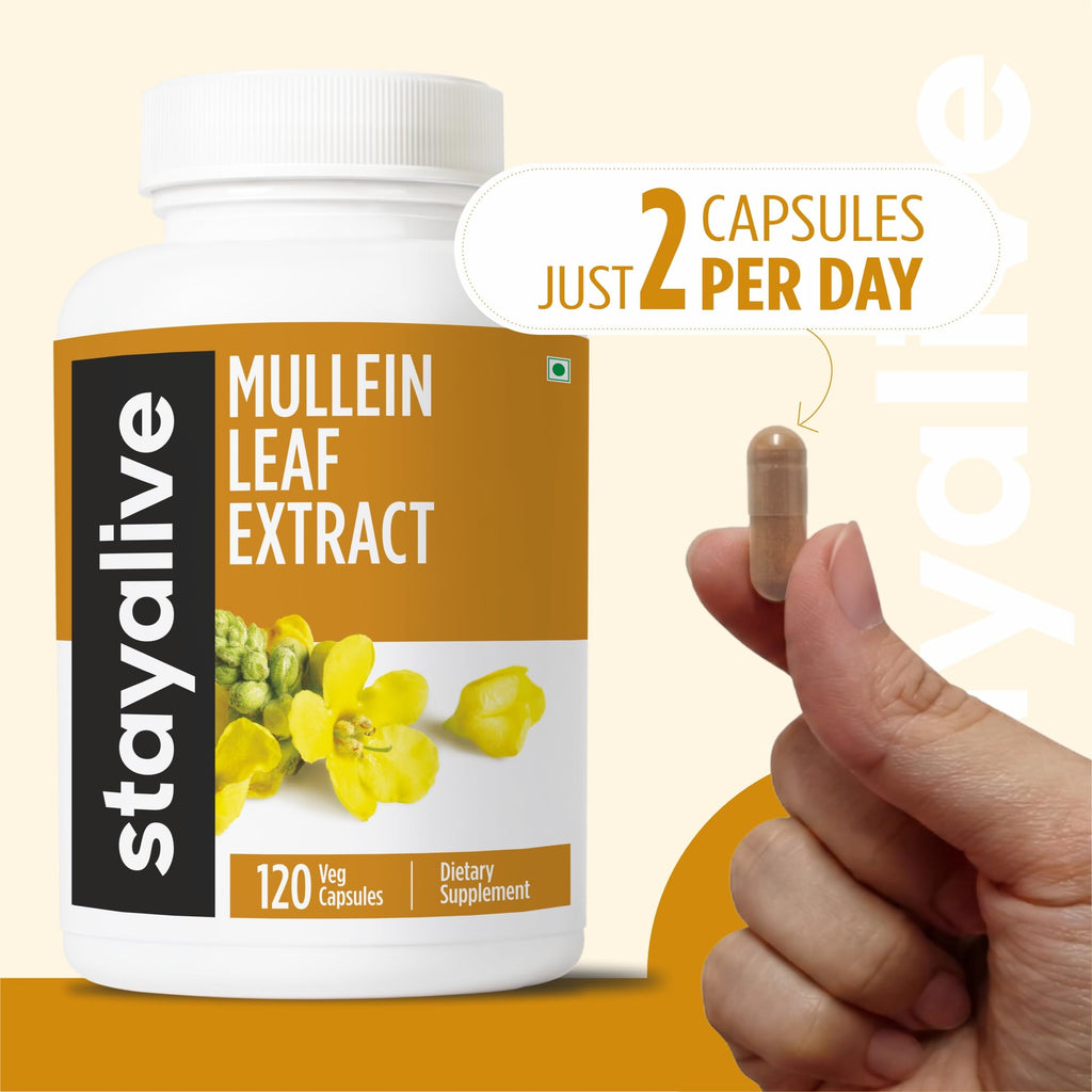 STAY ALIVE Mullein Leaf Extract 1000mg, 10:1 Extra Strength, 120 Vegan Mullein Capsules, All Natural, 100% Pure Leaves Powder, 2 Month Supply, Non-GMO and Gluten-Free Supplement