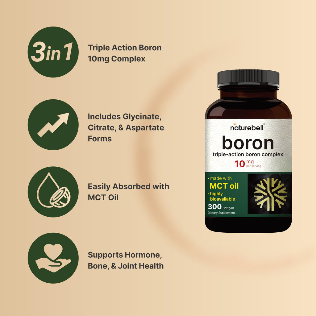 Boron 10mg, 300 Softgels with MCT Oil | High Absorption | Triple Action Boron Supplement for Men & Women | Glycinate, Citrate, & Aspartate Complex | Trace Minerals for Hormone, Bone, & Joint Support