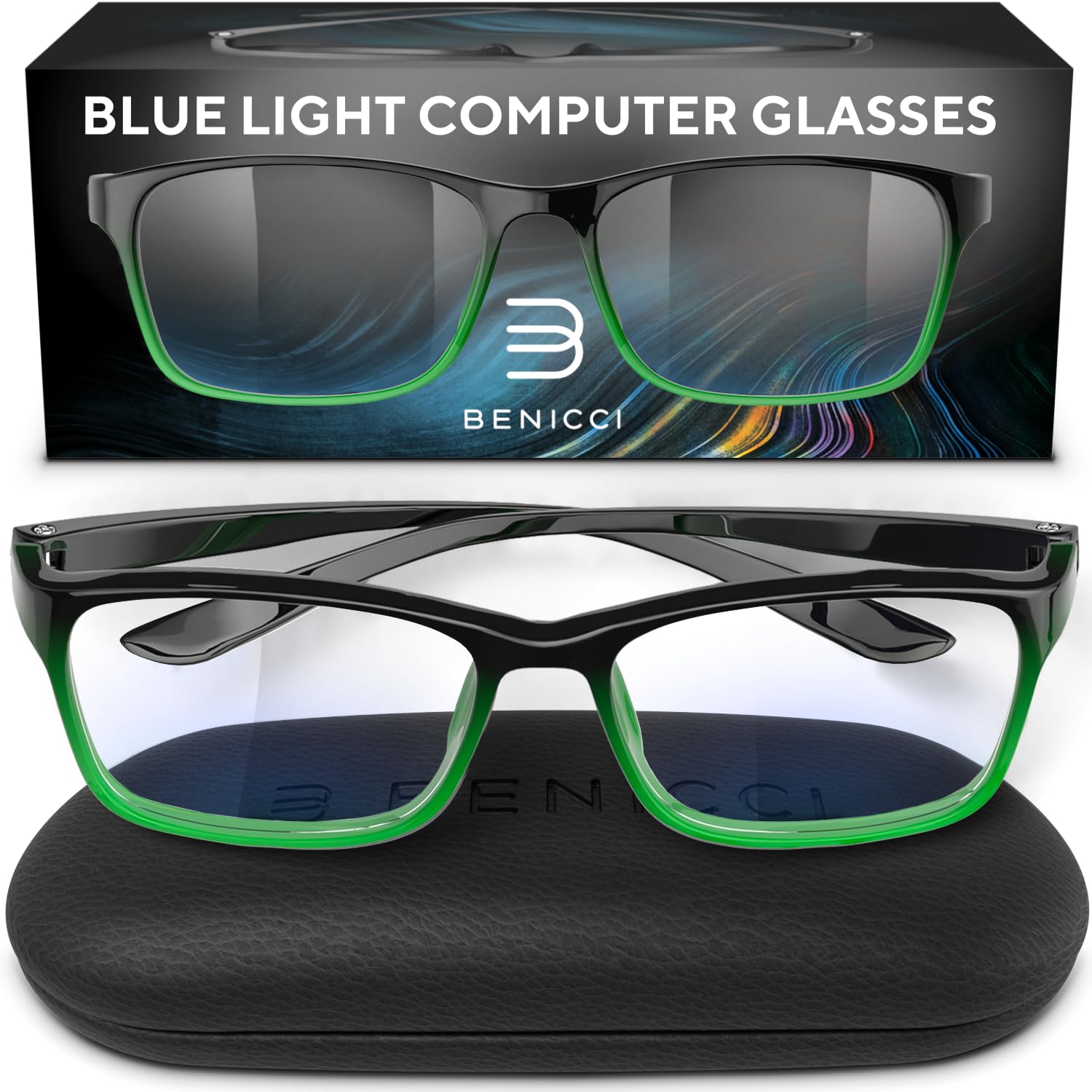 Benicci Stylish Blue Light Blocking Glasses for Women or Men - Ease Computer and Digital Eye Strain, Dry Eyes, Headaches and Blurry - Black Gradient Green