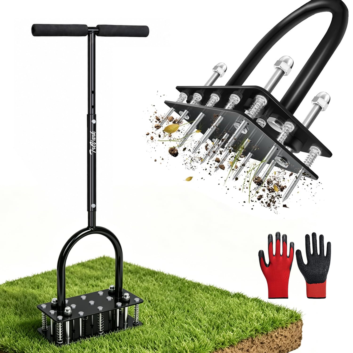 TreVark Lawn Aerator, Automatic Dirt and Leaf Clean Design, Heavy Duty Manual Lawn Aerator Tool with 15 Iron Spikes, Height Adjustable, Yard Grass Aerator for Lawn.