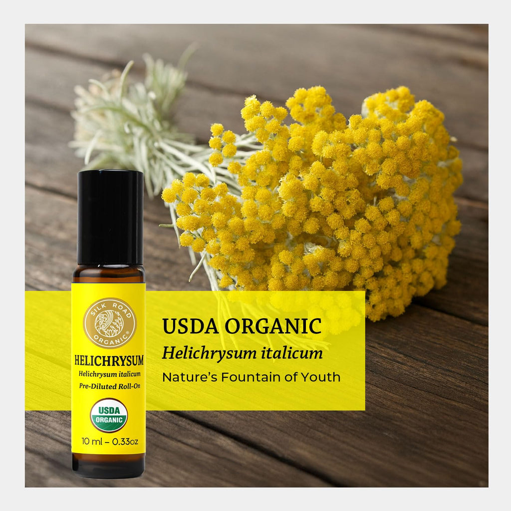 Silk Road Organic Helichrysum Italicum Essential Oil Roll on for Skin Care, Wrinkles, Scars, Bruises - USDA Certified Immortelle Oil 10ml Aromatherapy Roller - Always Pure, Always Organic