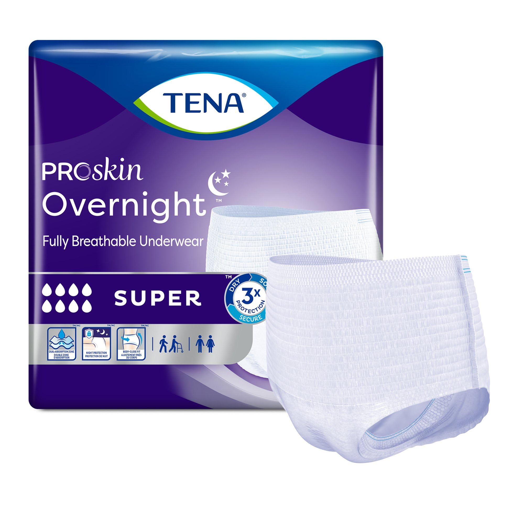 TENA ProSkin Overnight Super Protective Incontinence Underwear, Heavy Absorbency, Unisex, X-Large, ( 48 Total - 4 Pack)