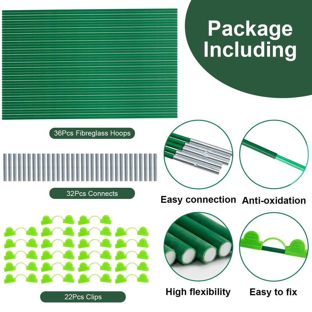 Aierden 36Pcs Garden Hoops for Raised Beds,6 Sets of 8FT Long Greenhouse Hoops Grow Tunnel, Fiberglass Support Hoops Frame for Fabric Netting,DIY Plant Support Garden Stakes for Row Cover