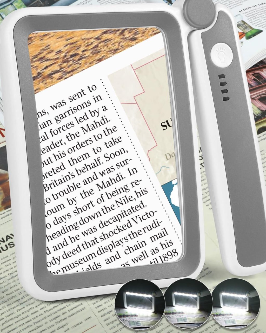 AKKYCVS Magnifying Glass with Light, Rechargeable 5X Large Page Magnifier for Reading, Folding Handheld Dimmable, LED Lighted Rectangle Magnifier for Reading Book Small Print for Seniors Low Vision