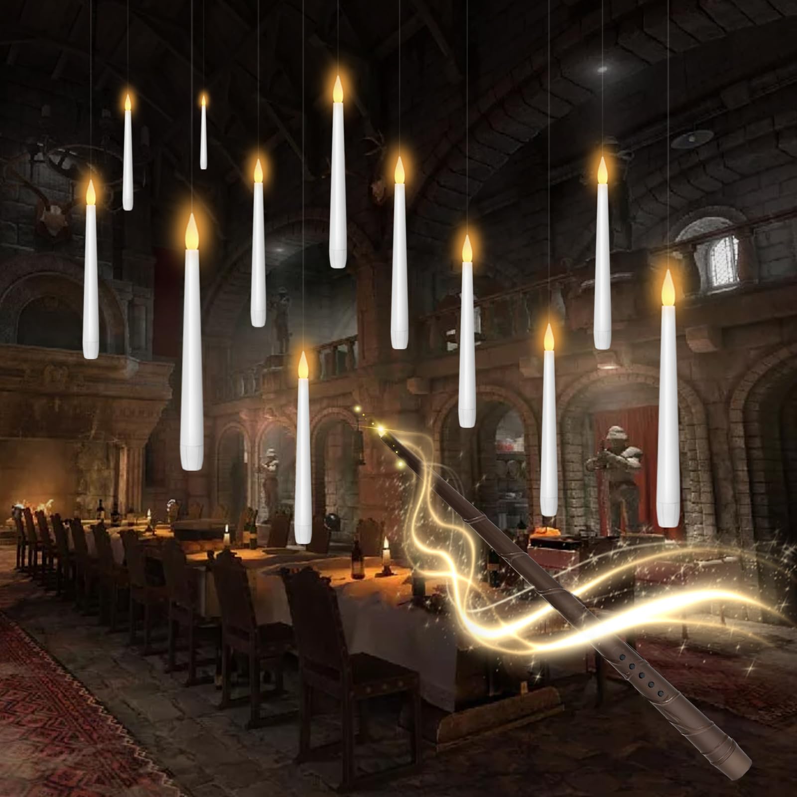 kakoya Flameless Floating Candles with Wand，12 Pcs Magic LED Hanging Taper Candles，Flickering Battery Operated Taper Candle with Wand Remote for Halloween Decorations Best Gift（White）