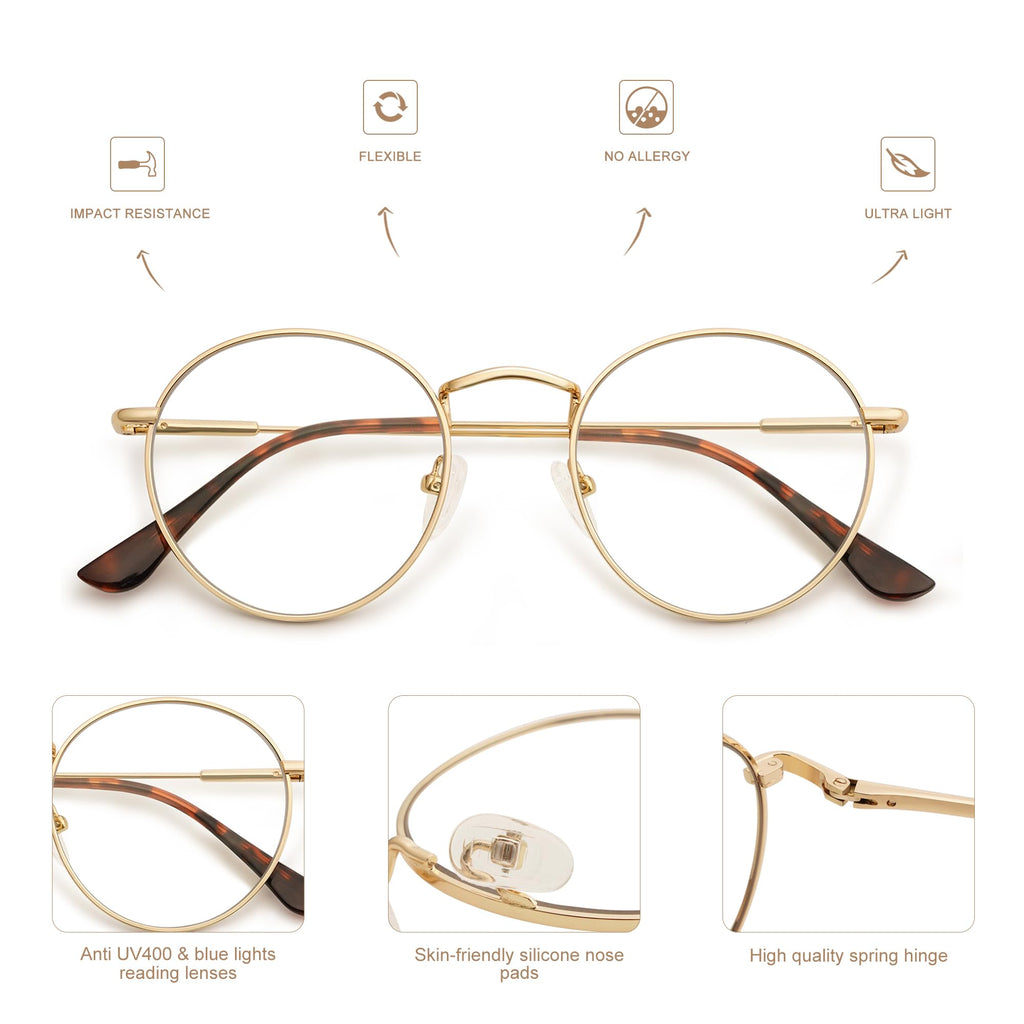 AMOMOMA 3-Pack Retro Round Reading Glasses for Men Women Trendy Blue Light Blocking Computer Readers Metal Frame AM6101 Mix (+1.50 Magnification Strength)