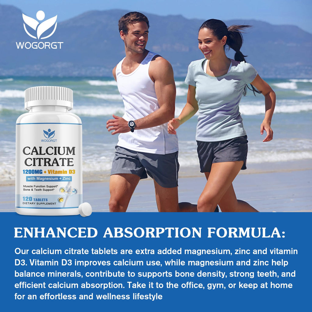Calcium Citrate 1200mg Supplement with Vitamin D3 for Women and Men - Calcium Magnesium Zinc D3 Supplement for Bone, Teeth, Immune Support, Vegan-Friendly - 120 Tablets (2 Pack)