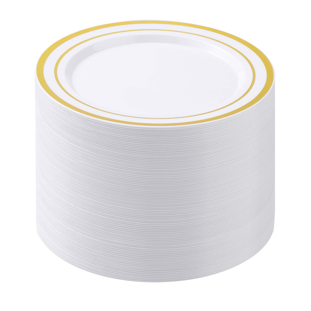 BESTSTAR 100PCS White Plastic Plates for Party, 10.25 Inch Disposable Plates with Gold Rim, Heavy Duty Dinner Plates for Christmas, Thanksgiving, Party, Wedding and Birthday
