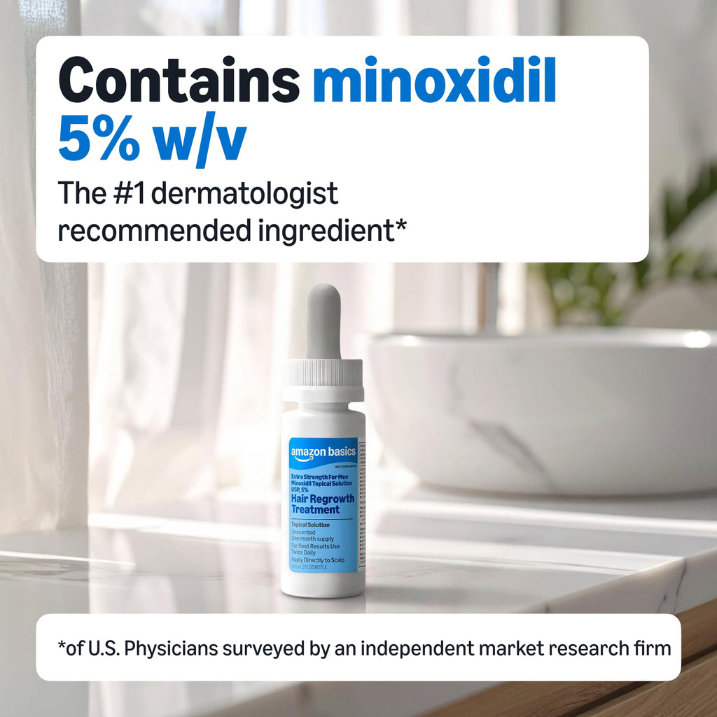 Amazon Basics Minoxidil Topical Solution USP, 5 Percent, Hair Regrowth Treatment for Men, Extra Strength, 12 Fluid Ounces (Previously Amazon Basic Care)
