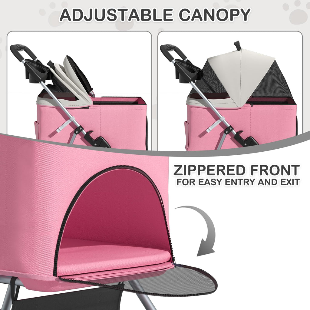 MoNiBloom 3 in 1 Foldable Pet Stroller for Small & Medium Dogs, Detachable Carrier, Car Seat, Push Button Entry, 4-Wheel Jogger for Pets up to 33 lbs, Pink