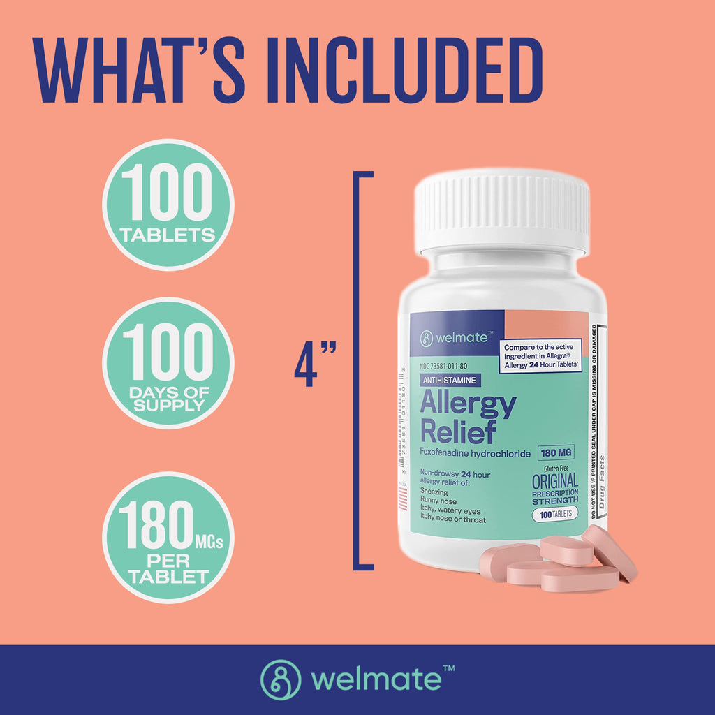 WELMATE Non-Drowsy Allergy Medicine, Fexofenadine HCl 180mg, 100 Count - 24 Hour Antihistamine for Hay Fever, Pollen, Sneezing, Itchy Eyes, Runny Nose - Allergy Relief Pills for Adults