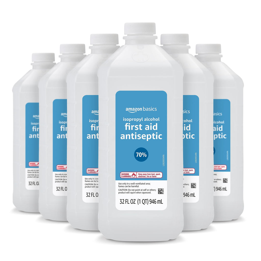 Amazon Basics 70% Isopropyl Alcohol First Aid Antiseptic for Treatment of Minor Cuts, Scrapes and Burns, Prevents Infection, Unscented, 32 fl oz, Pack of 6 (Previously Solimo)