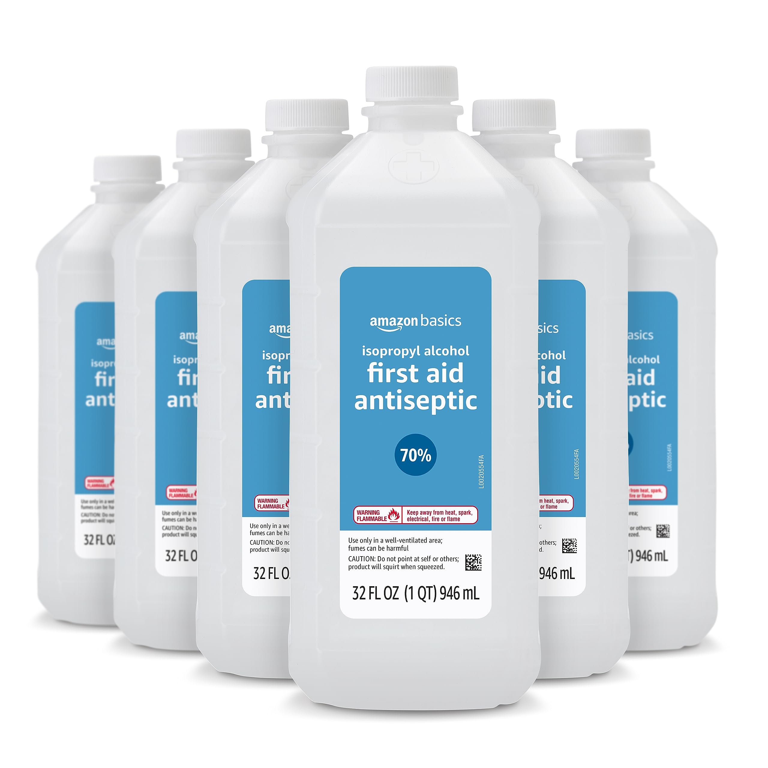Amazon Basics 70% Isopropyl Alcohol First Aid Antiseptic for Treatment of Minor Cuts, Scrapes and Burns, Prevents Infection, Unscented, 32 fl oz, Pack of 6 (Previously Solimo)