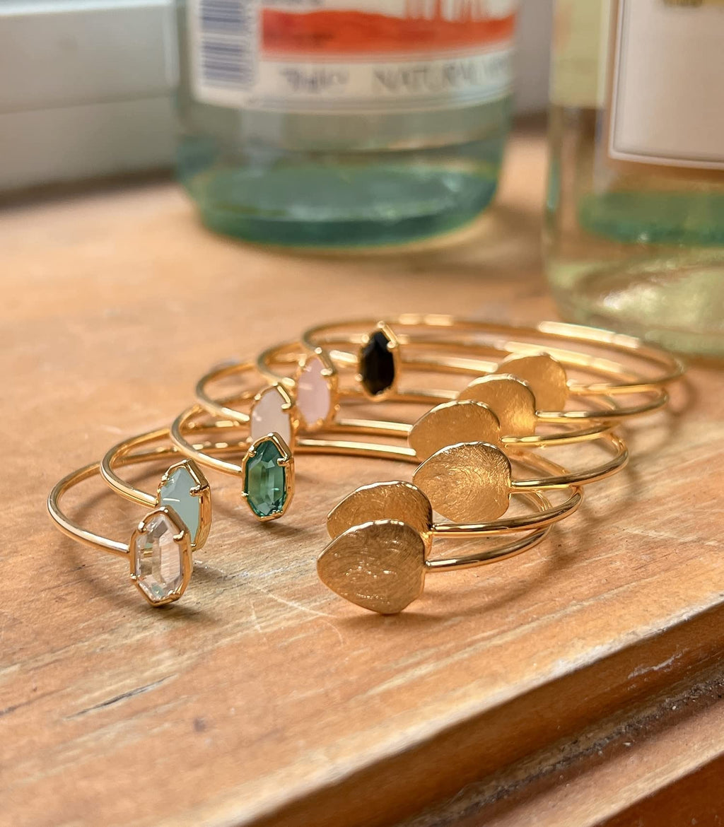 OZEL – Women’s Gold Cuff Bracelets – 18K Gold Plated Textured Bangles with Multi-Color Crystal & Rhinestone Accents – Layered Stacking Jewelry (Green Opal, Free)