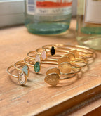 OZEL – Women’s Gold Cuff Bracelets – 18K Gold Plated Textured Bangles with Multi-Color Crystal & Rhinestone Accents – Layered Stacking Jewelry (Green Opal, Free)