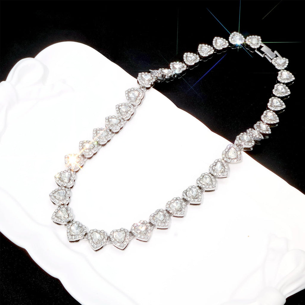 fasone Rhinestone Hearts Necklace, Iced Out Hearts Jewelry，Silver Tennis Necklace For Women，Tennis Necklaces For Women, Heart Tennis Necklace (White_17.7inch)