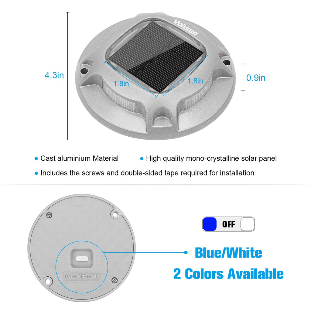 VOLISUN Solar Driveway Lights Dock Marine Lights 16 Pack,2 Colors in 1,Outdoor LED Deck Light,Solar Powered Waterproof Warning Step Light for Driveway Sidewalk Pathway (Blue/White),Saltwater Resistant