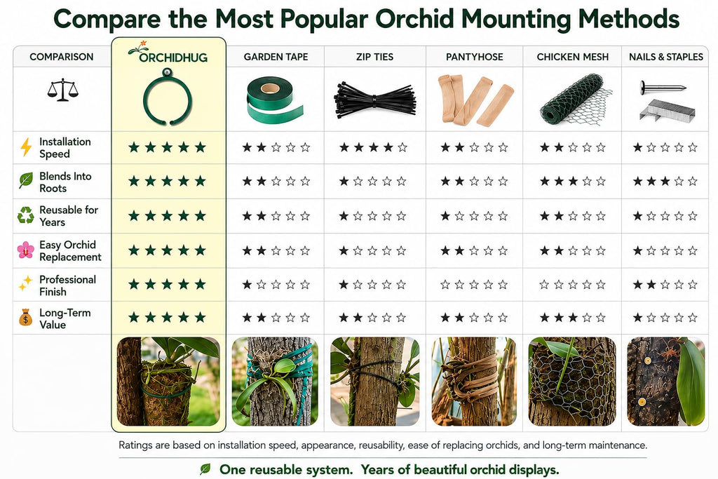 OrchidHug Universal Orchid Mounting Ring – Open Adjustable Design Fits All Orchid Sizes | Mount Orchids on Trees or Walls | Flexible Green Coated Steel with Stainless Screws | Easy Install | 4 Pack