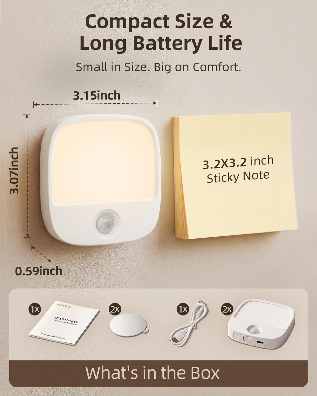 EZVALO Rechargeable Motion Sensor Night Lights, 2 Pack Magnetic Stick-On LED Lights with 3 Color Temperatures, Dimming Memory 1000mAh Battery Light for Closet, Bedroom, Hallway, Stairs, Bathroom
