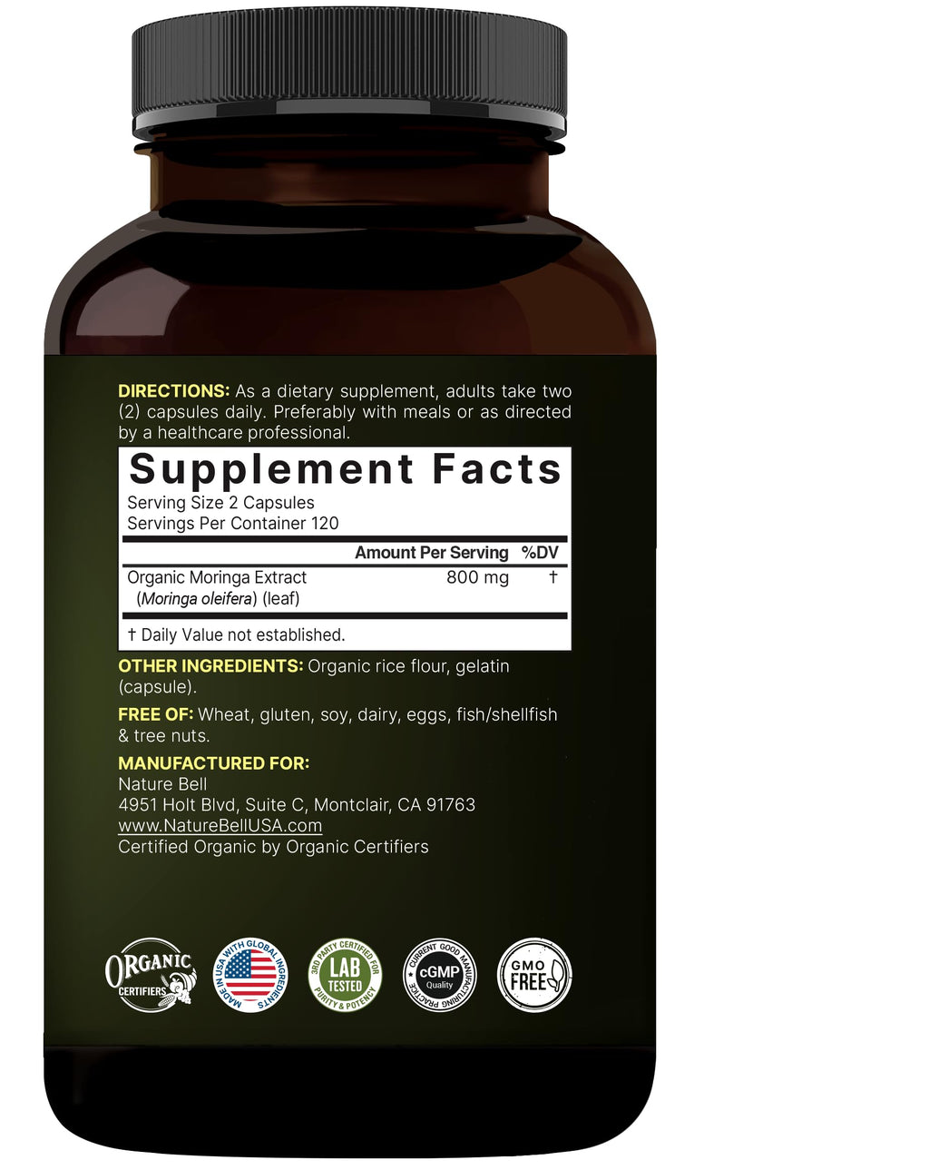 NatureBell Moringa - 240 Capsules - Organic Moringa for Immune, Energy & Skin Health Support* - Green Superfood Properties