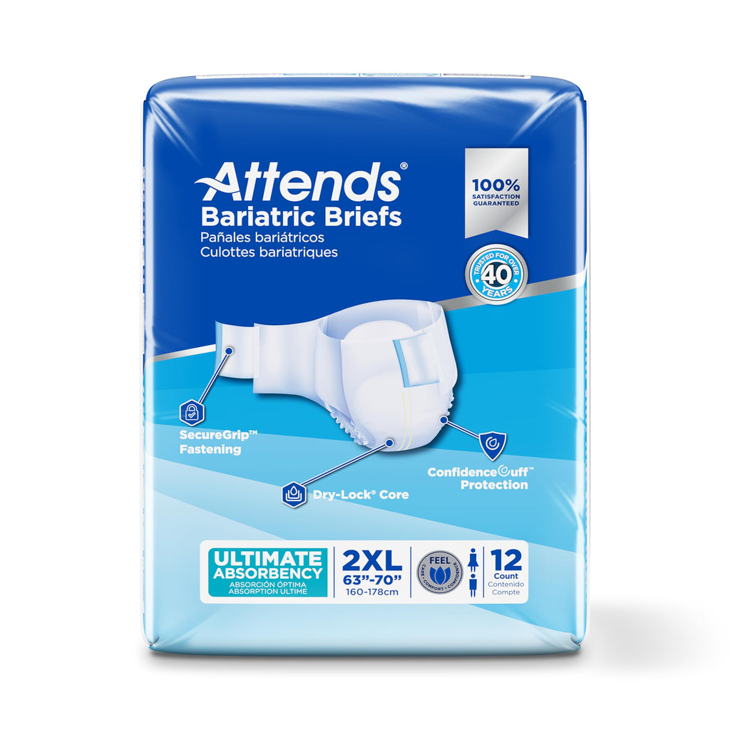 Attends Bariatric Incontinence Disposable Briefs, XX-Large, 63"-70" Waist with Tab Closures, Ultimate Absorbency and Leakage Protection, 48ct Case