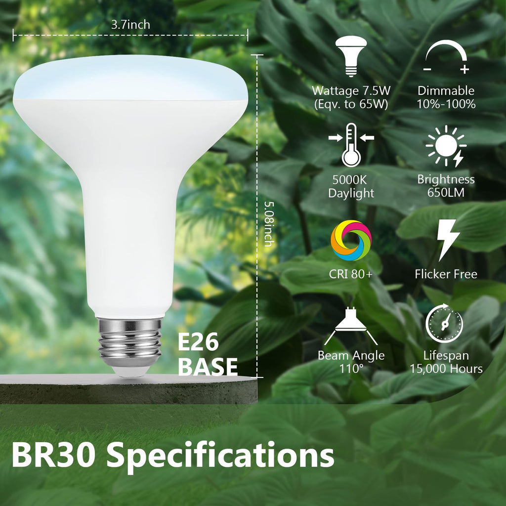 Sigalux BR30 LED Flood Light Bulbs, 7.5W Equivalent 65W, 650LM, Dimmable, 5000K Daylight, CRI 80, 110° Beam Angle, E26 Base, Energy-Efficient Indoor Recessed Lighting, 12 Pack