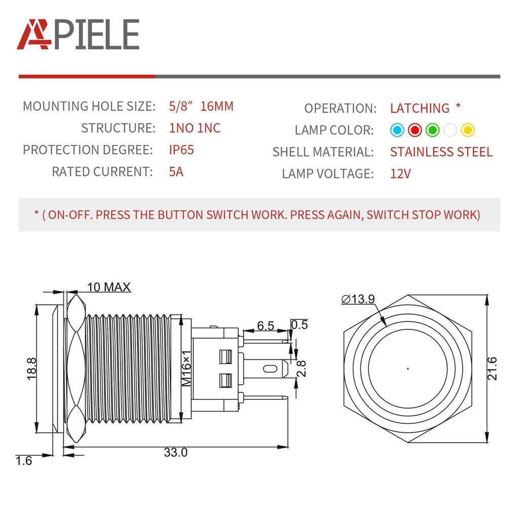 APIELE 16mm Latching Push Button Switch 12V On Off Stainless Steel with LED Angel Eye Head for 0.63" Mounting Hole with Wire Socket Plug Self-Locking(Red)