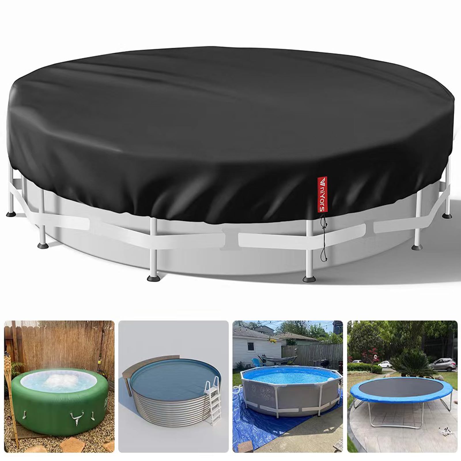 VniYors 12 Ft Round Pool Cover, Heavy-Duty Waterproof Dustproof Solar Pool Cover for Above Ground Pools, Hot Tub Cover with Drawstring and Ground Nails, Black