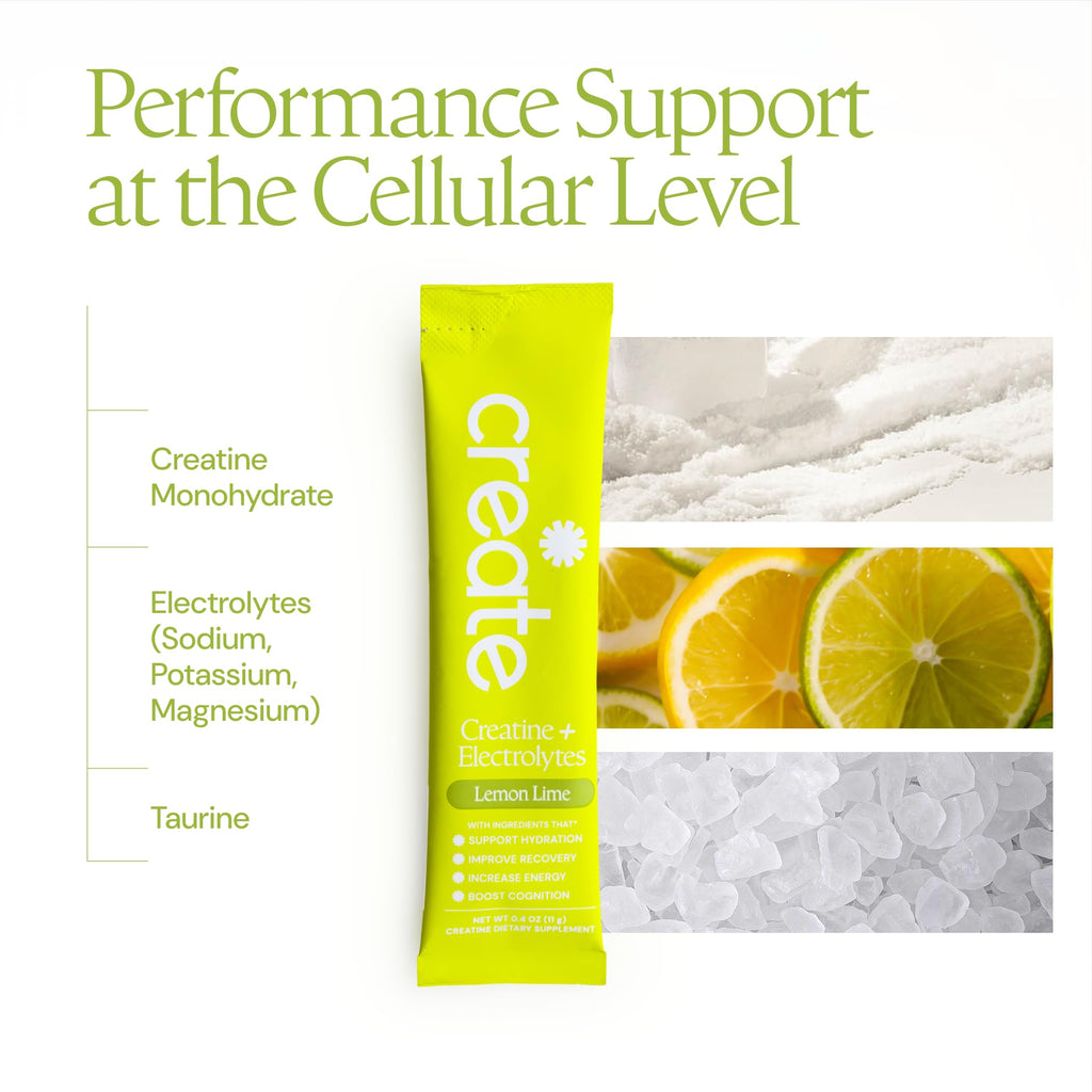 Create Creatine + Electrolytes Mix - Creatine Monohydrate Stick Packs, Supports Energy and Hydration, NSF Certified for Sport, 30 Count, Lemon Lime