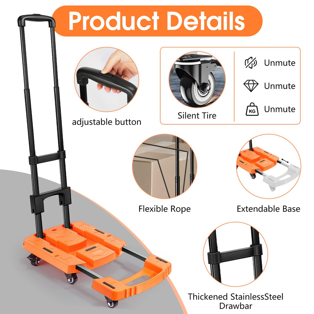 Voipvvii Folding Hand Truck500lbs, Portable Heavy Duty Dolly Cart, 6 Wheels Collapsible Luggage Cart with 2 Elastic Ropes - Compact Trolley Cart for Easy Moving - Ideal Hand Cart for Travel and More