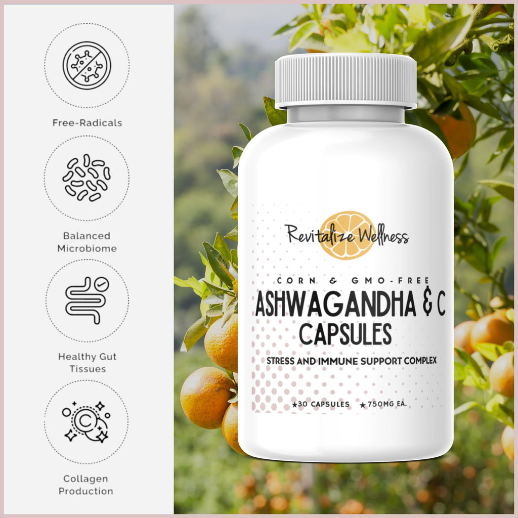 Revitalize Wellness Ashwagandha + Vitamin C Capsules | Stress and Immune Support Complex | with 550 mg Ashwagandha and 200 mg Vitamin C per Serving | 30 Servings