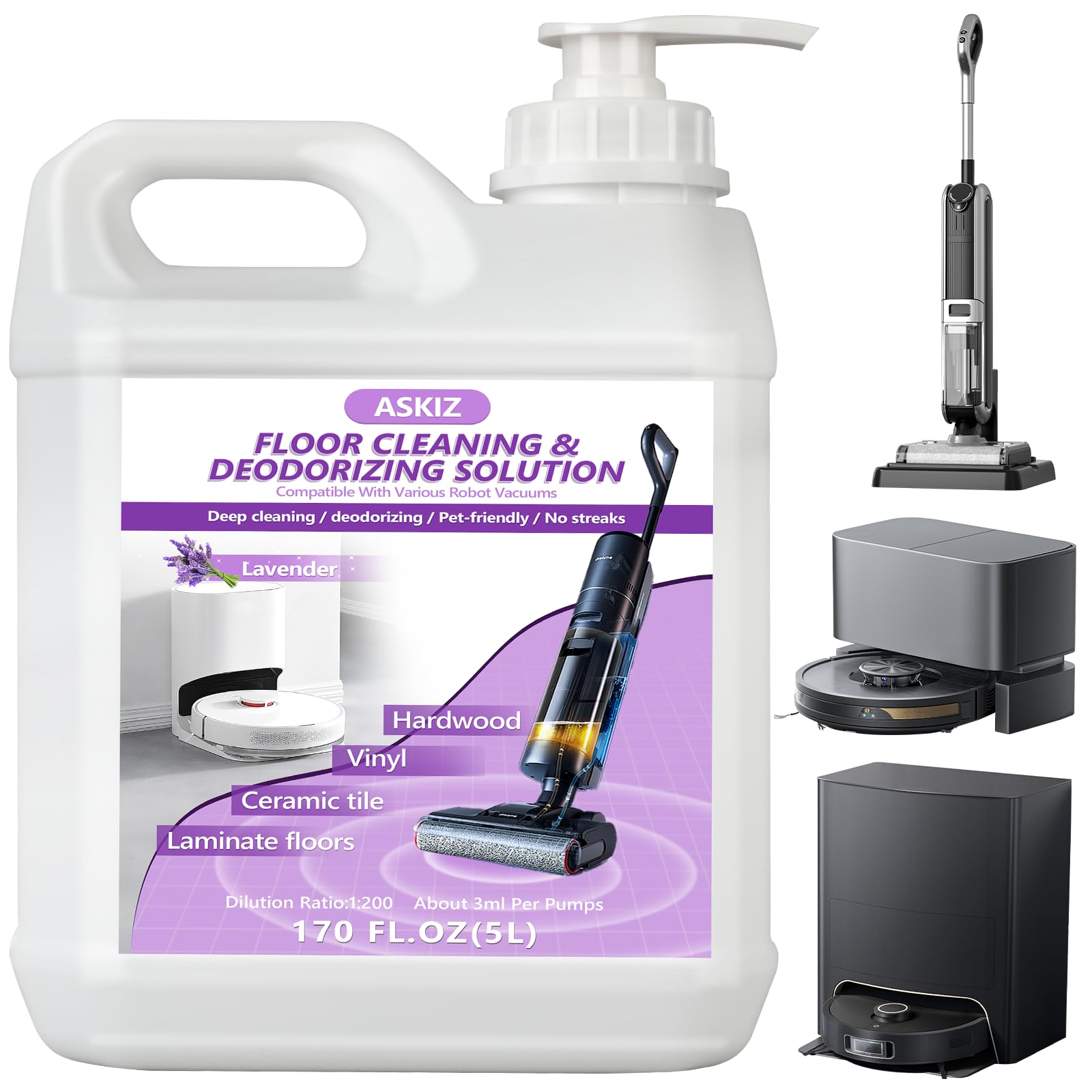 170 FL OZ Floor Cleaning Solution,Floor Cleaner for Mopping with Tineco,Deep Cleaning &Deodorizing for Roborock,Compatible with Saros Series,S8/S7 Series,Q Revo/Q Series,iFLOOR Series Wet Dry Vacuum