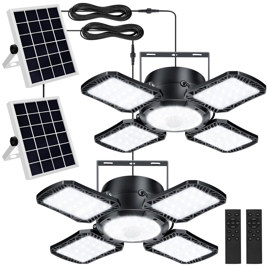 Aqonsie Solar Shed Light Outdoor Indoor, 176LED Solar Powered Motion Sensor Pendant Light Daytime Available, Solar Indoor Lights with 5 Lighting Modes & Remote for Shed Gazebo Barn Garage, 2 Pack