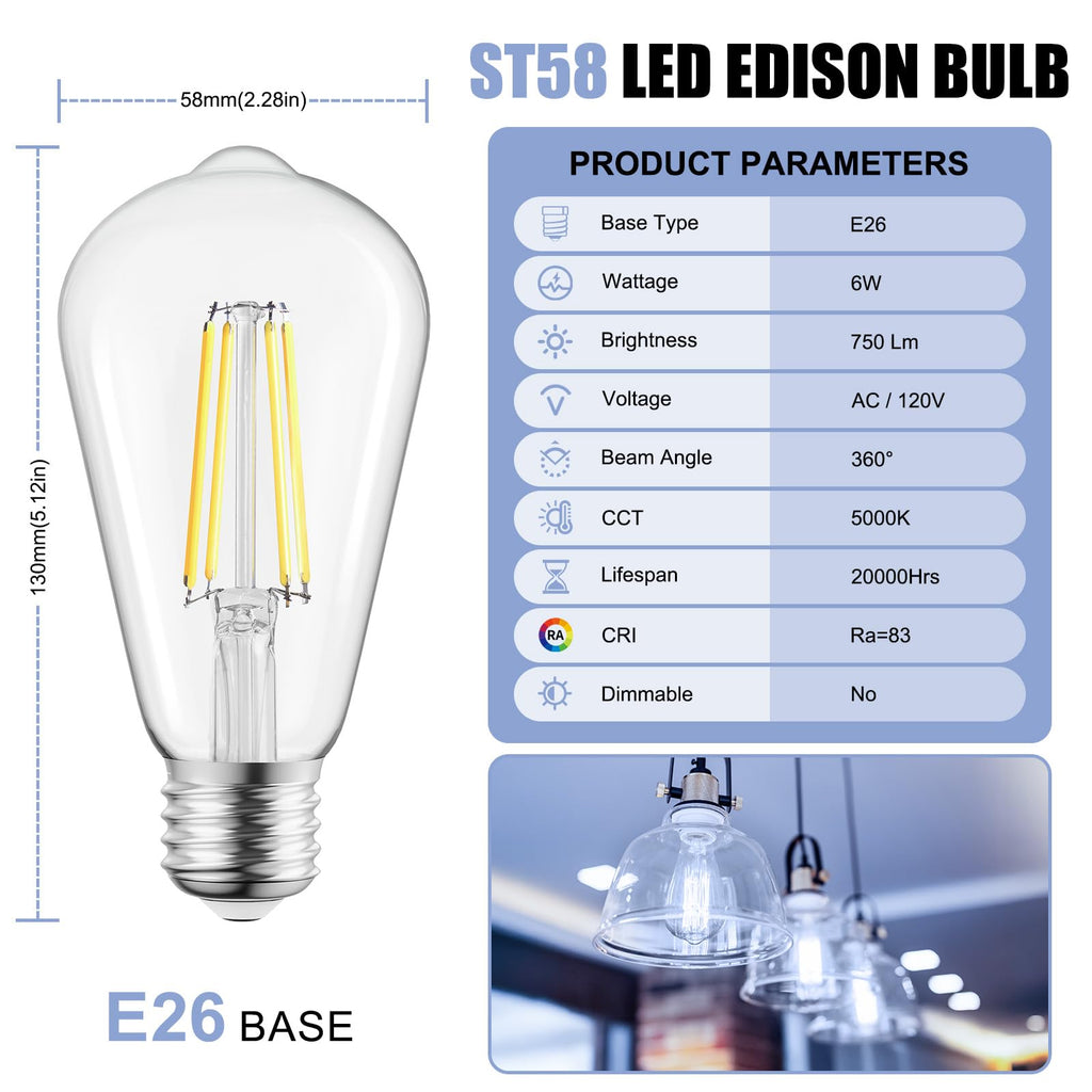 Brightown 6 Pack LED Edison Bulbs, 6W, Equivalent 60W, High Bright 5000K White,750 Lumens, Non-Dimmable, E26 Medium Base ST58 Antique Filament Bulbs with 83+ CRI for Ceiling Fan Bathroom Porch