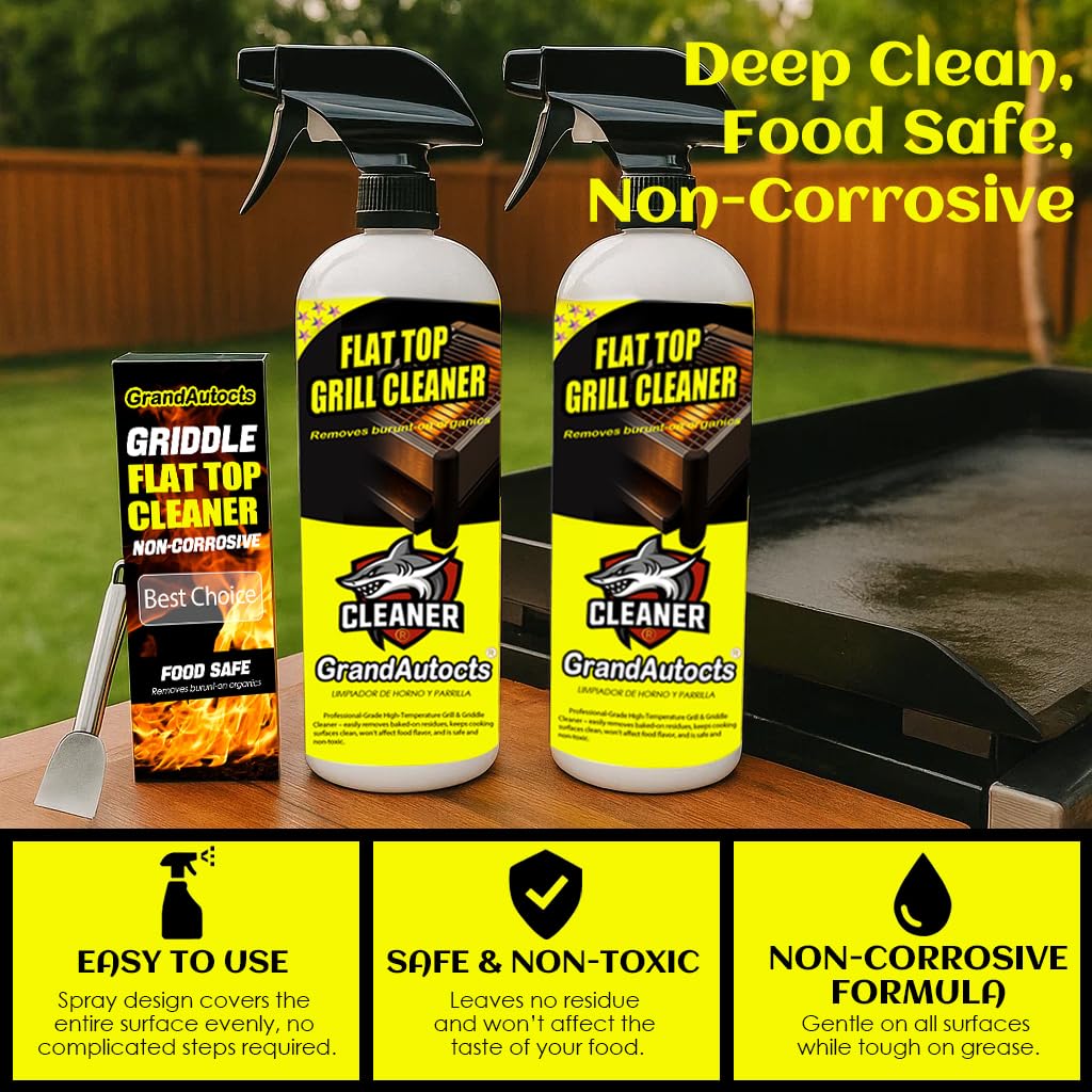 GrandAutocts Flat Top Grill Cleaner Kit， Grill & Griddle Cleaner - Non-Toxic Food Safe & Non-Caustic Formula, Removes Burnt-On Grease/Carbon (2 Pcs + Cleaning Tools)