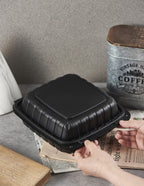 8X8" 3-Compartment 50-Pack Plastic Clamshell Takeout Food Trays Heavy Duty Togo Disposable Box For Pasta Salad Sandwich Carryout Meal Prep Packaging Catering Hinged Containers With Secure Snap Lid