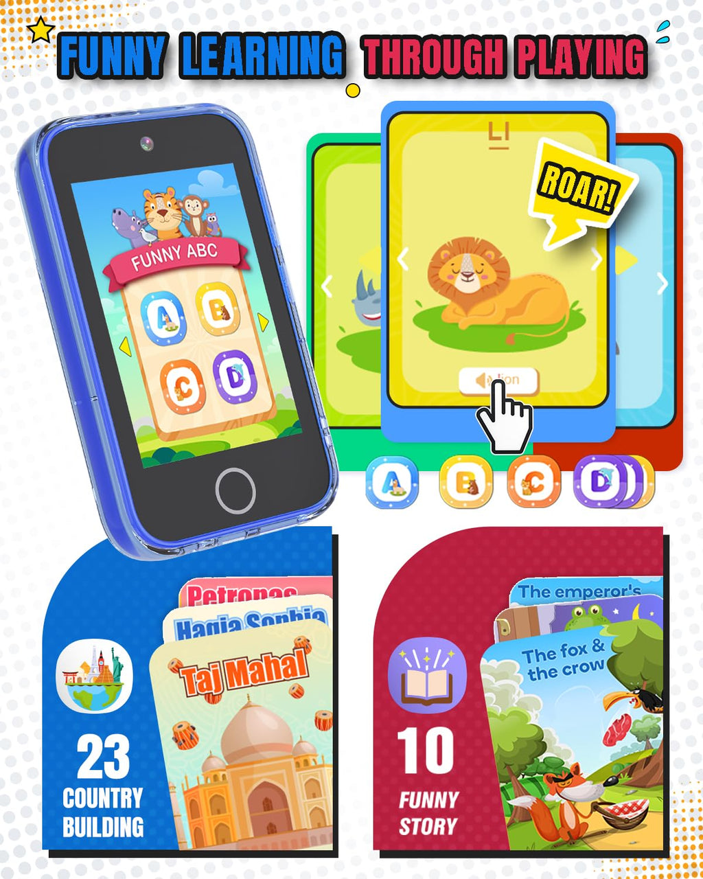 Byserten Kids Phone 3.5'' Touchscreen with Dual Camera & Learning Games