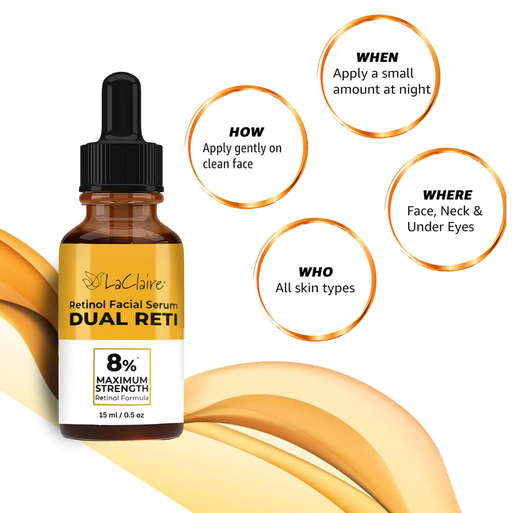 LaClaire 8% Retinol Complex Face Serum - Anti-Ageing, Brightening Neck & Face Serum Helps Firm, Smooth & Nourishes Skin with Lactic Acid, Vitamin A & Retinyl Palmitate - Anti Wrinkle Serums by