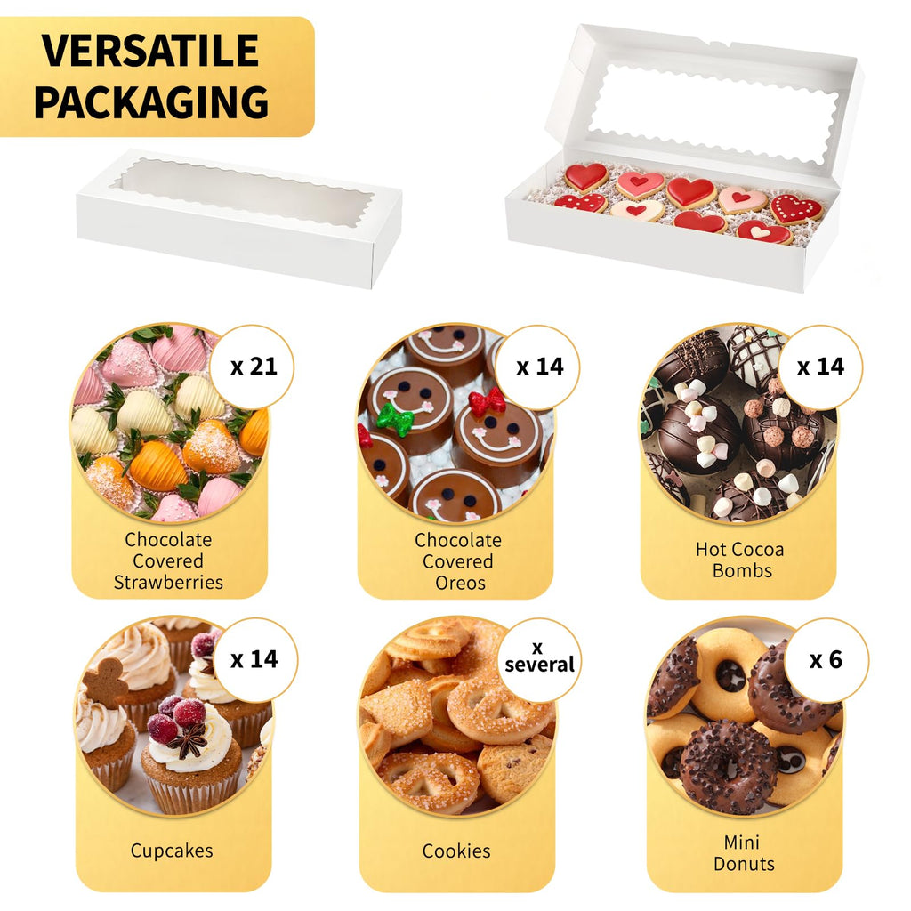 Ocmoiy 20 Pack Cookie Boxes, 16x6.5x2.5 Inch Bakery Boxes with Window, Auto-Popup Treat Box for Chocolate Covered Strawberries, Cocoa Bombs, Donuts, Muffins, Pastries