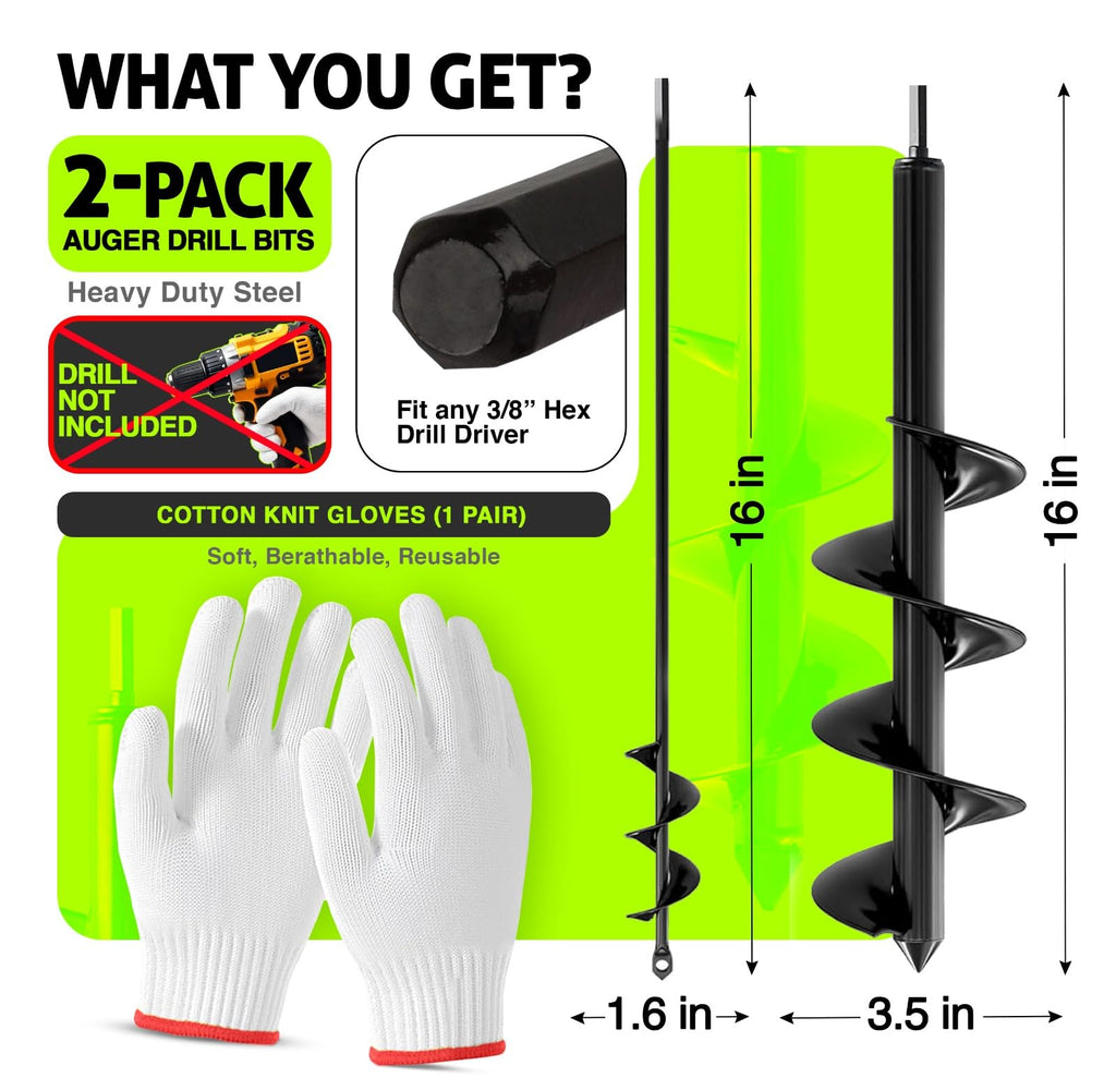 2pk Auger Drill Bit for Planting with Gloves (1.6 x 16 Inch & 3.5 x 16 Inch Set) - Heavy Duty Garden Spiral and Bulb Planter Tool for Digging Holes - Compatible with 3/8 Inch Hex Drive