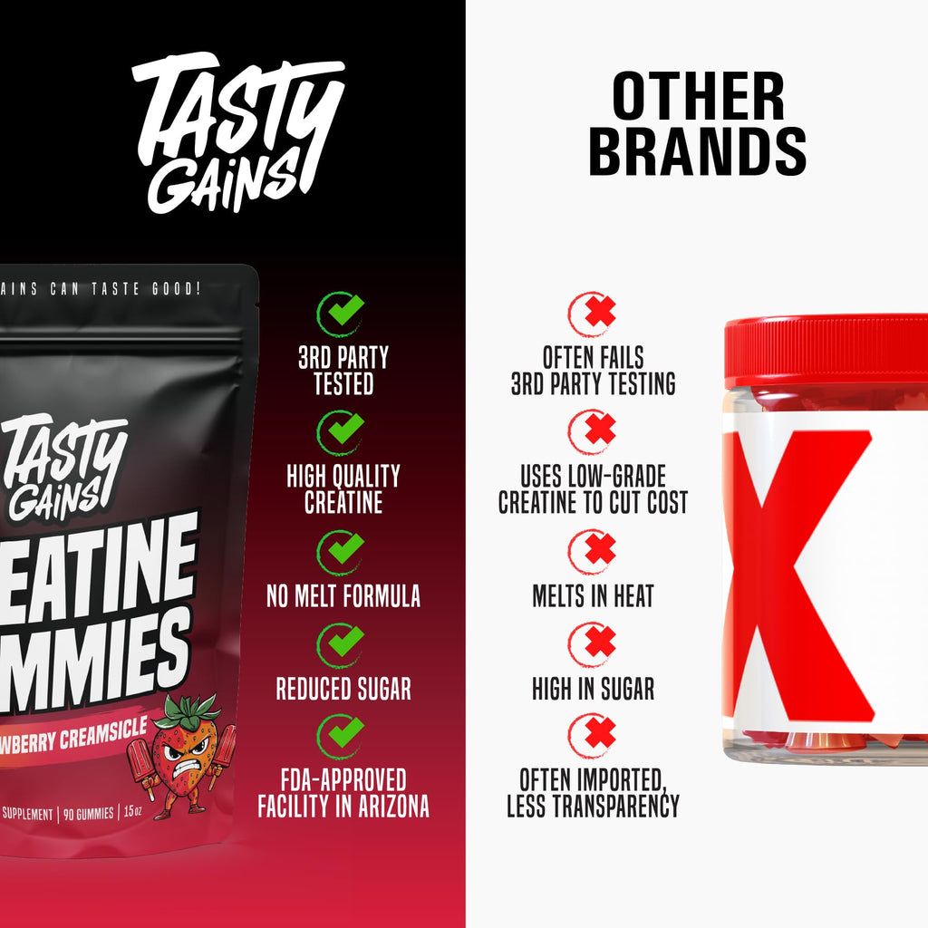 TASTY GAINS Creatine Gummies - 90g of Creatine Monohydrate - Workout Supplements - Build Muscle & Boost Strength for Men & Women - Made in USA - Non GMO - (Large, Strawberry Creamsicle Flavor)