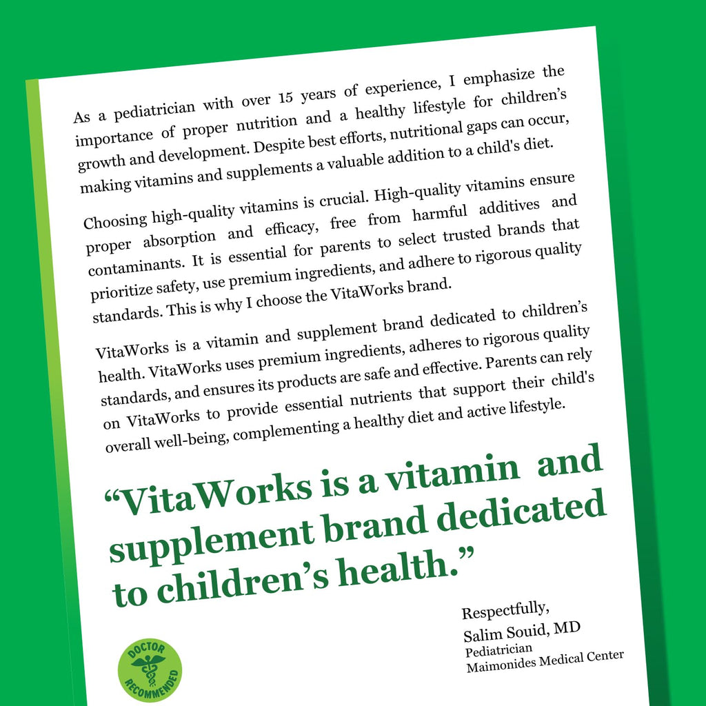 VitaWorks Kids Multivitamin with Iron & Minerals Chewable Tablets - Mixed Fruit Flavor - Vegetarian, GMO-Free, Nut Free - Dietary Supplement - Digestive Support for Children - 120 Chewables",