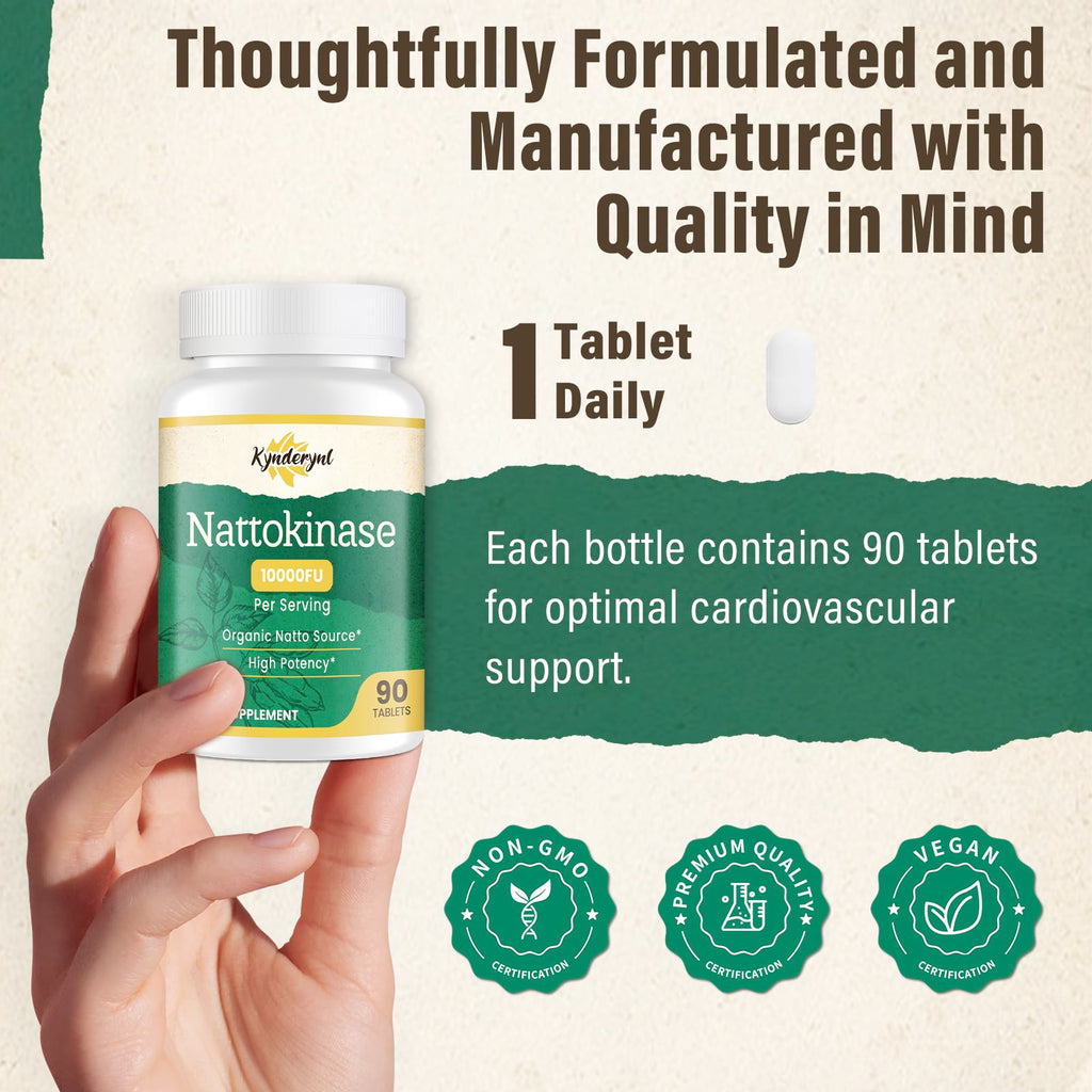 Kynderynl Nattokinase Supplement 10000FU – Organic Natto Enzyme 500mg for Circulatory Wellness, Enteric-Coated Tablets Aiding Digestion & Assisting Absorption, Vegan, 90 Tablets (90-Day Supply)
