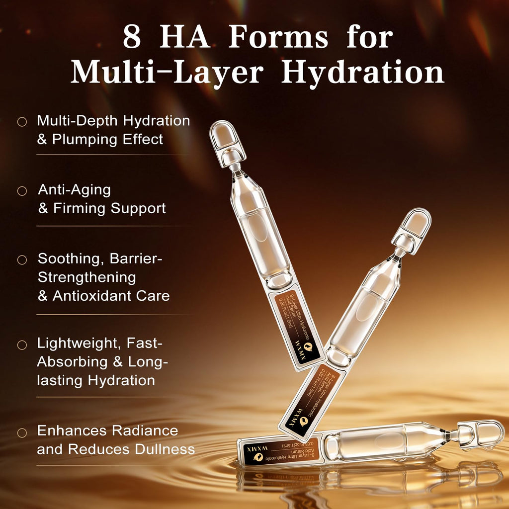 WXMX Ultra Hyaluronic Acid Serum With 8 HA Forms + Matrixyl 3000, Collagen Tri - Complex & Peptide, Multi - Layer Hydration Anti-Aging Serum, Hyaluronic Acid Serum for Face (0.05 Fl Oz (Pack of 30))